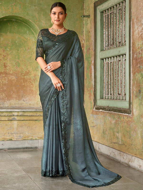Wonderful Black Embroidered Satin Party Wear Saree With Blouse