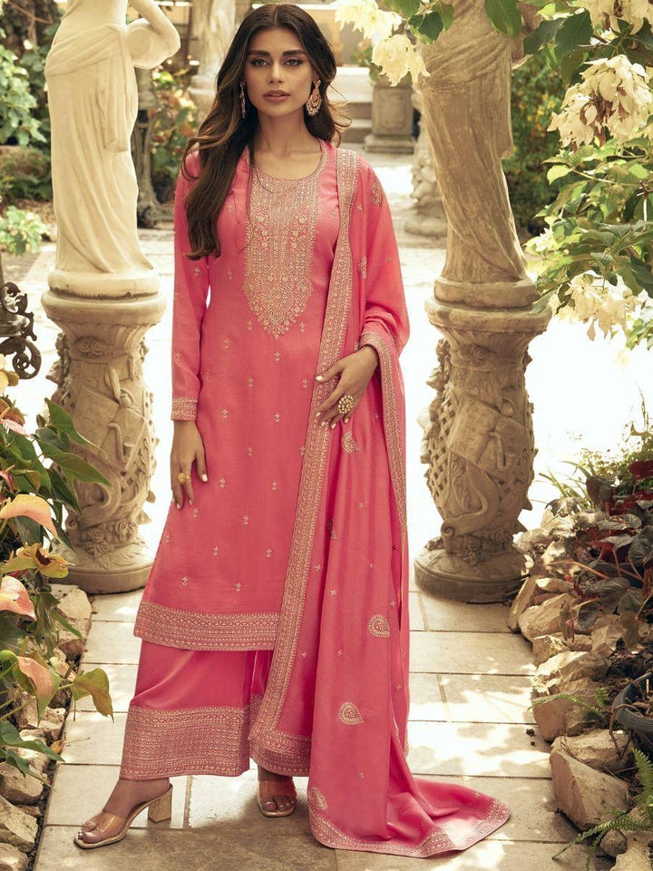 Fascinating Peach Embroidered Myntra Silk Traditional Palazzo Suit