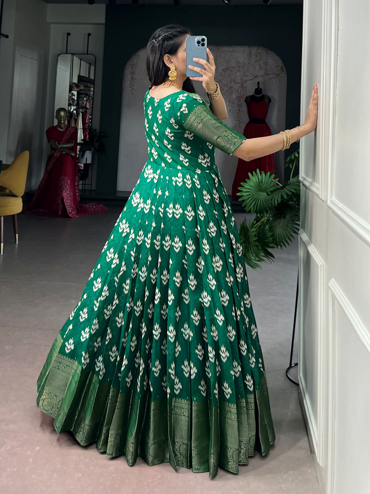 Enchanting Green Zari Woven Cotton Festive Wear Gown
