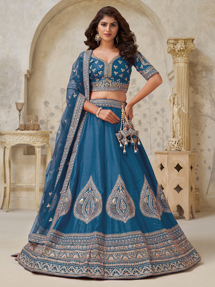 Fantastic Teal Blue Thread Embroidered Silk Sangeet Wear Lehenga Choli