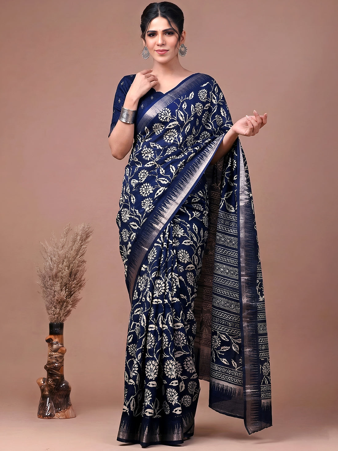 Precious  Navy Blue Floral Printed Silk Casual Wear Saree With Blouse