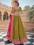 Superb Olive Green Zari Weaving Tissue Function Wear Lehenga Choli With Dupatta