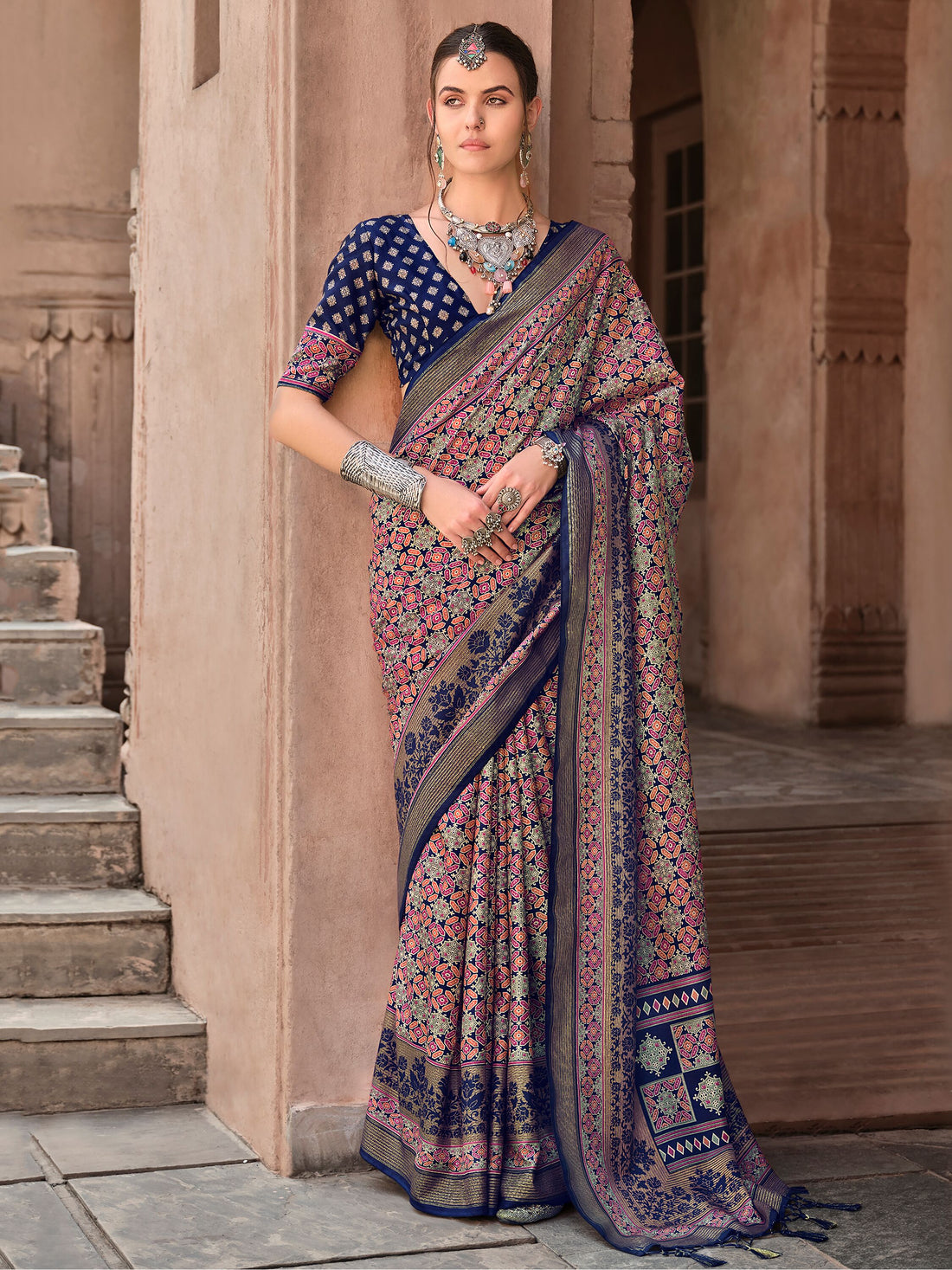 Marvelous Navy Blue Digital Printed Silk Event Wear Saree With Blouse