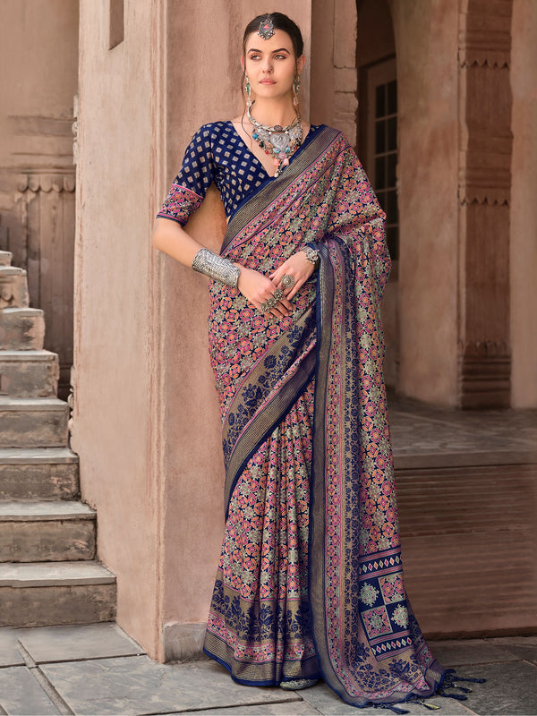 Marvelous Navy Blue Digital Printed Silk Event Wear Saree With Blouse