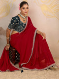 Royal Red Sequins Border Georgette Wedding Wear Saree With Blouse