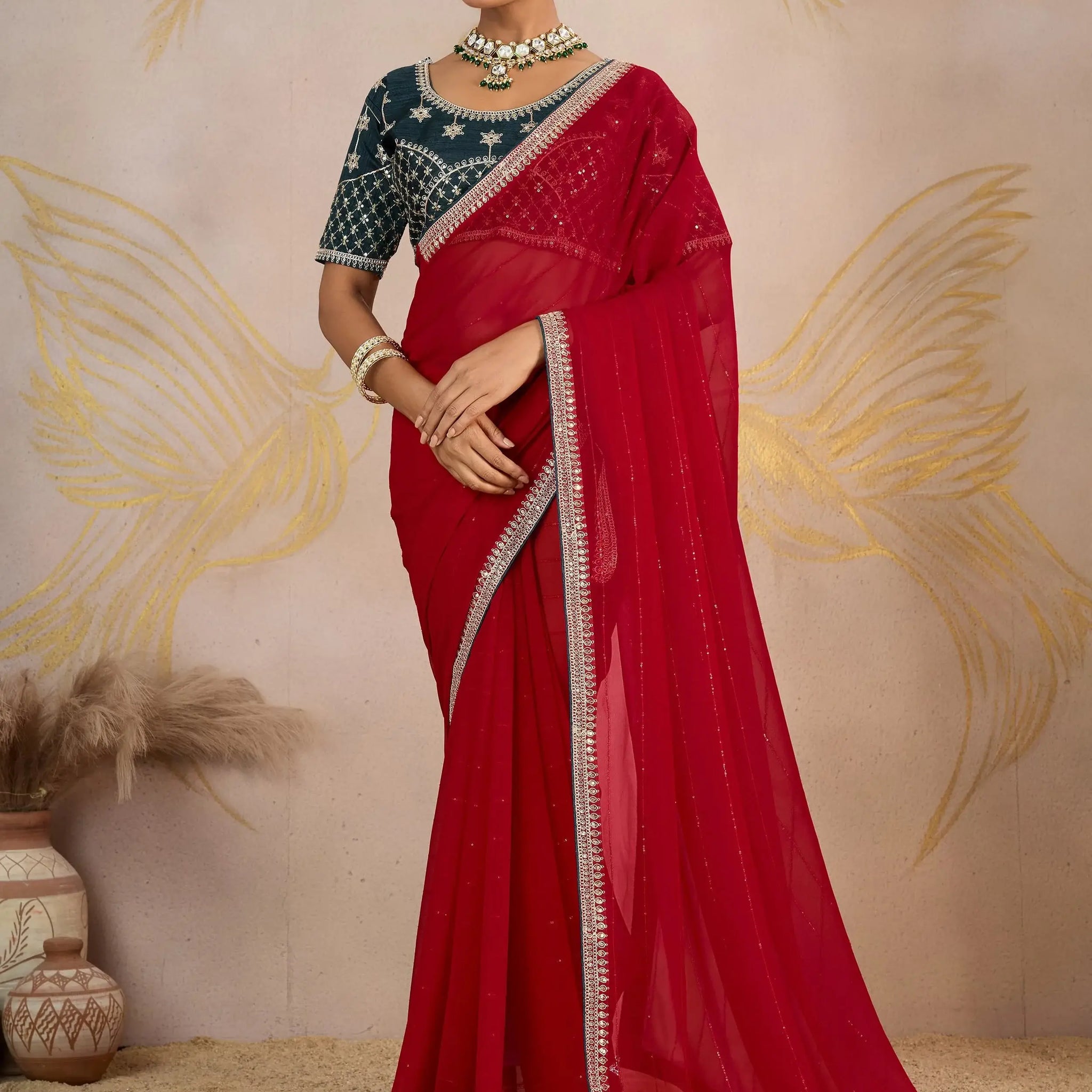Royal Red Sequins Border Georgette Wedding Wear Saree With Blouse