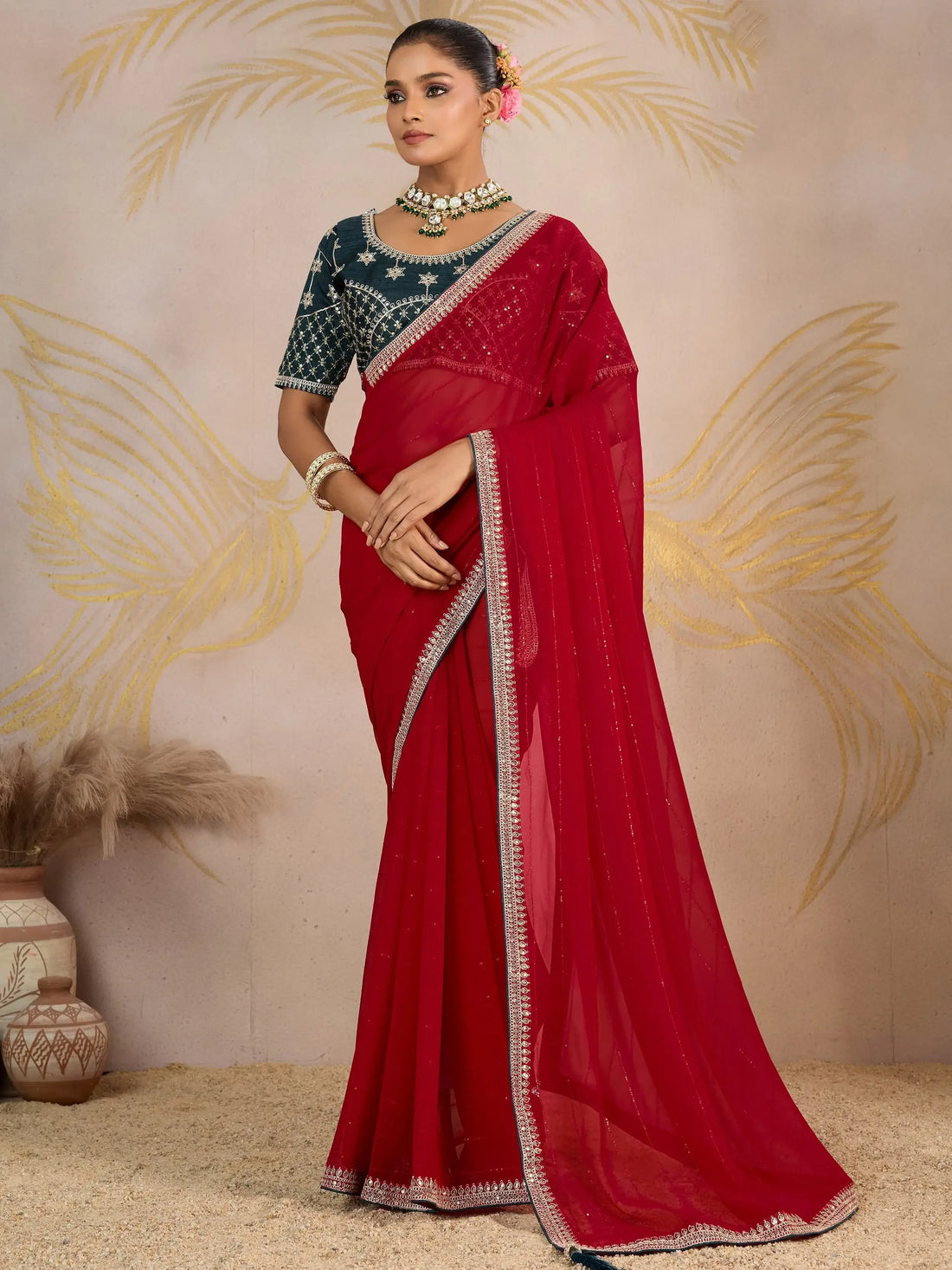 Royal Red Sequins Border Georgette Wedding Wear Saree With Blouse