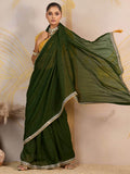 Fabulous Olive Green Border Work Georgette Mehendi Wear Saree With Blouse