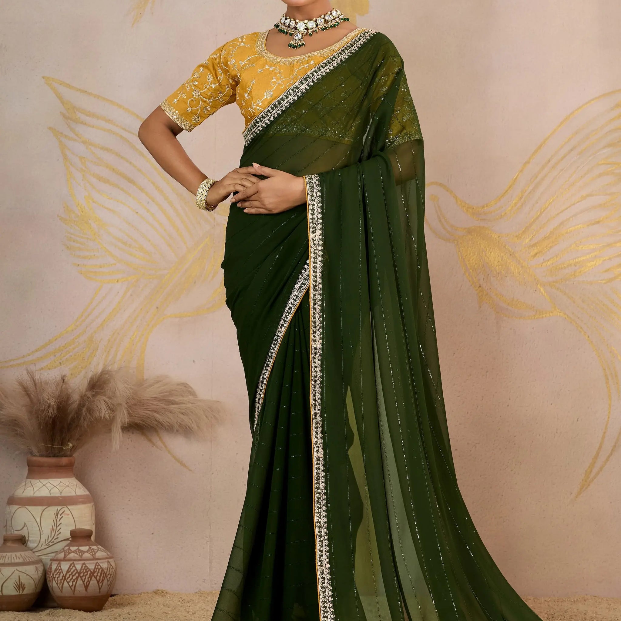 Fabulous Olive Green Border Work Georgette Mehendi Wear Saree With Blouse