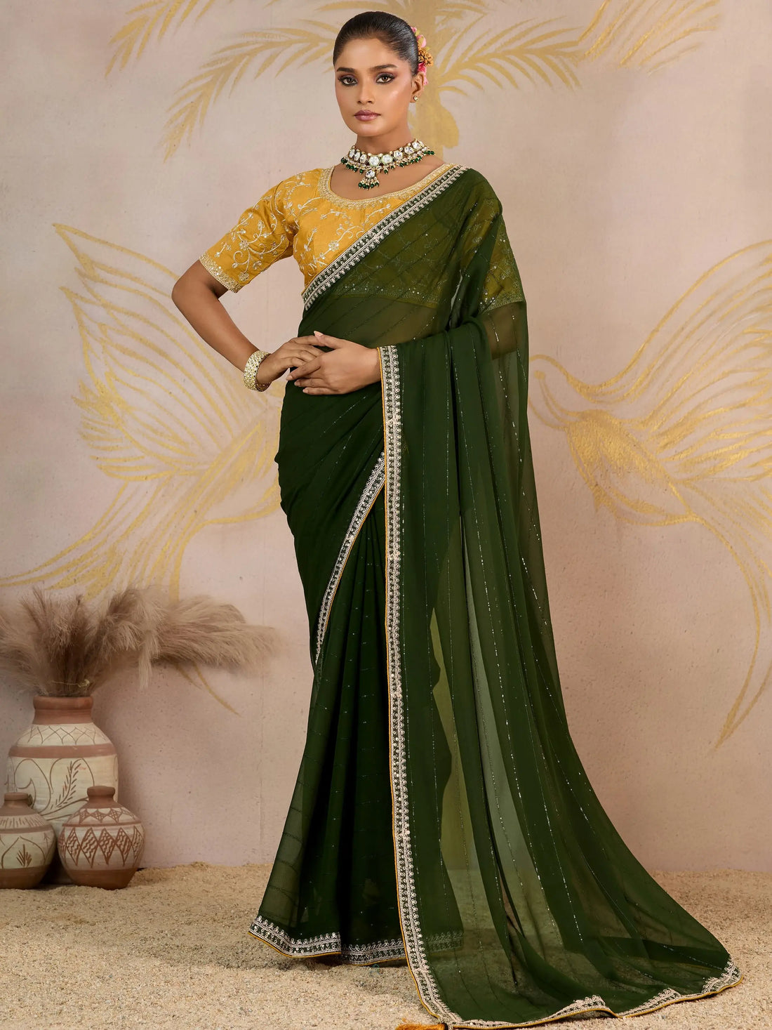 Fabulous Olive Green Border Work Georgette Mehendi Wear Saree With Blouse