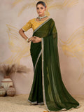 Fabulous Olive Green Border Work Georgette Mehendi Wear Saree With Blouse