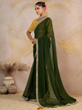 Fabulous Olive Green Border Work Georgette Mehendi Wear Saree With Blouse