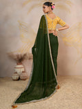 Fabulous Olive Green Border Work Georgette Mehendi Wear Saree With Blouse
