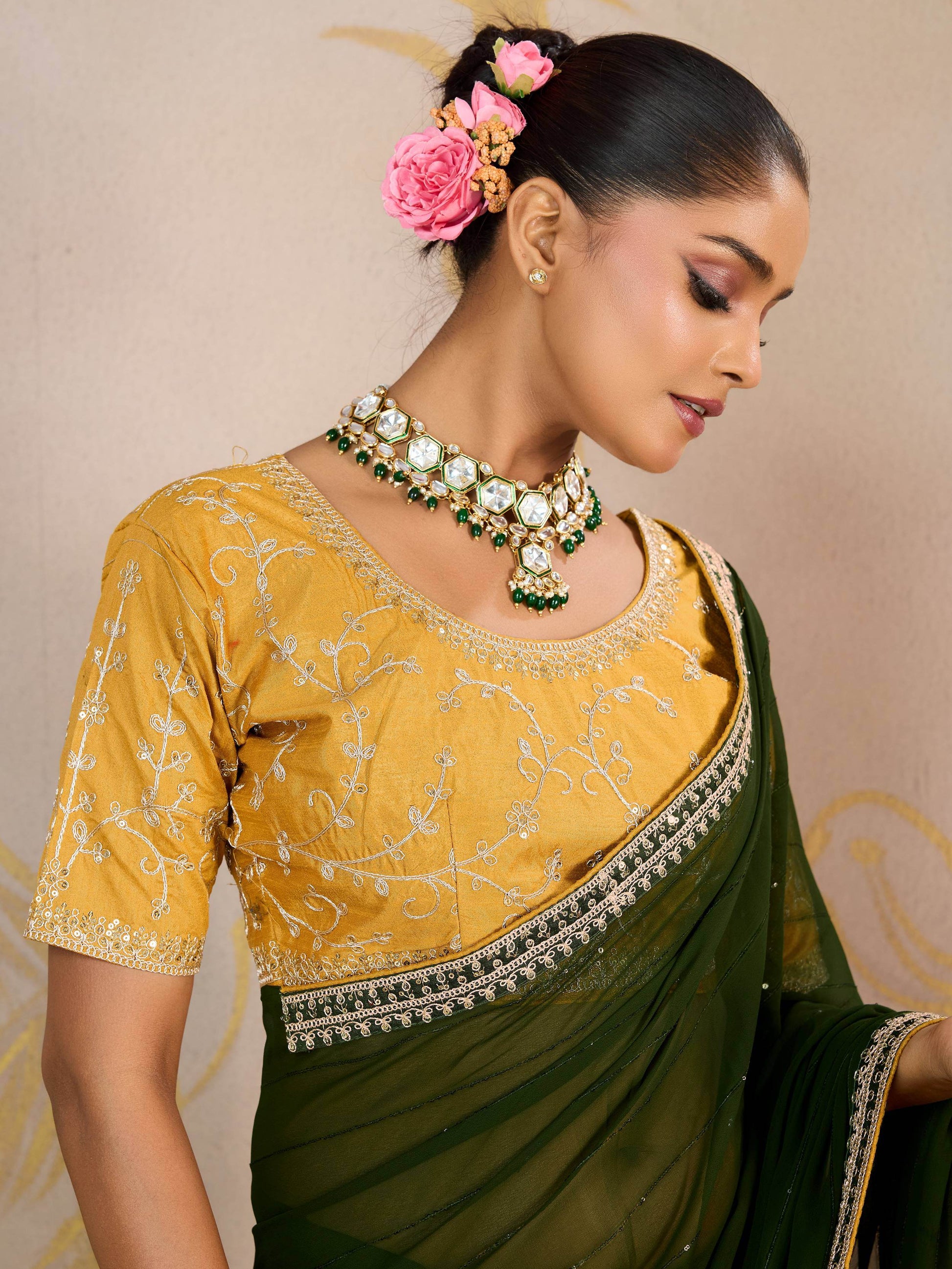 Fabulous Olive Green Border Work Georgette Mehendi Wear Saree With Blouse