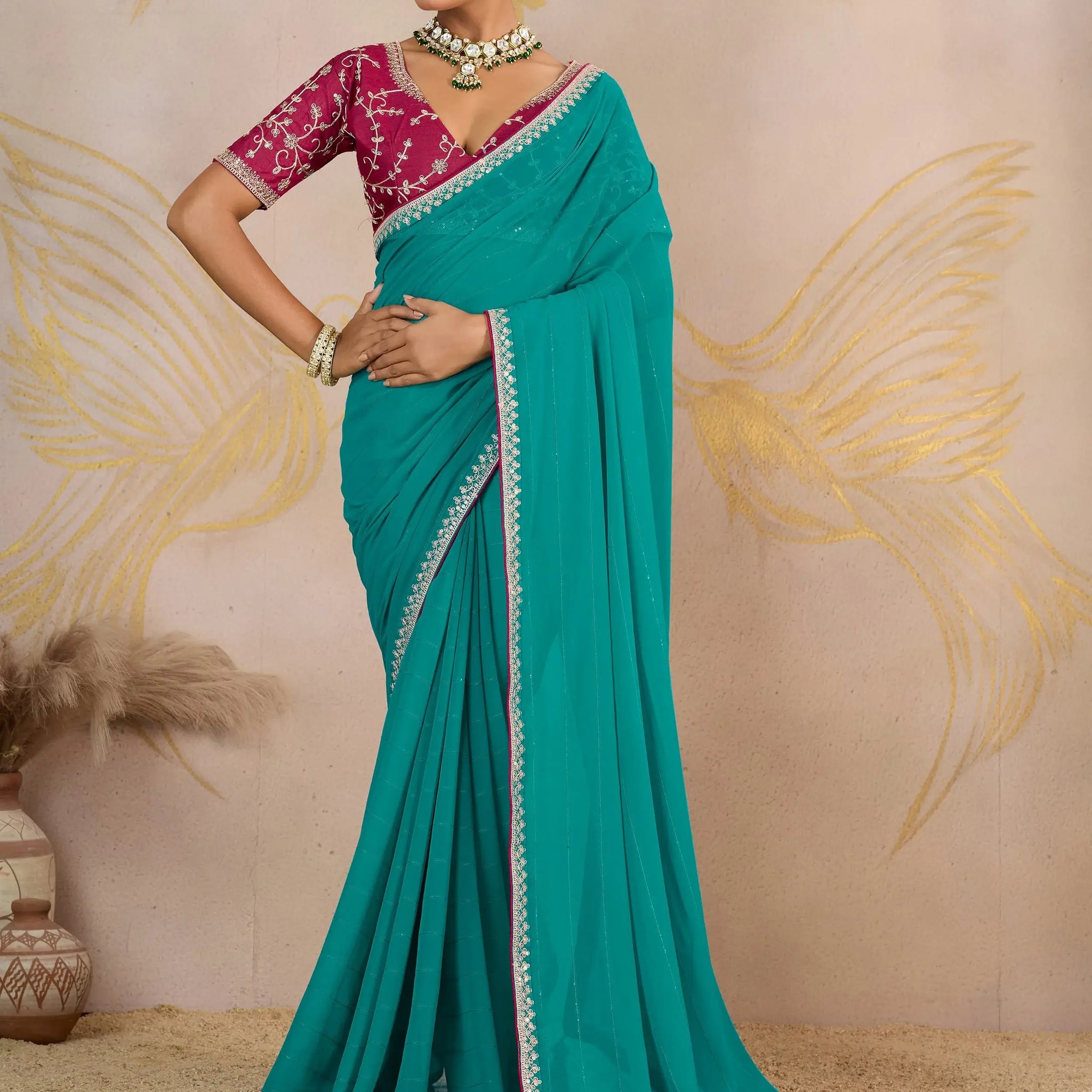Glorious Turquoise Zari Border Work Georgette Traditional Saree With Blouse