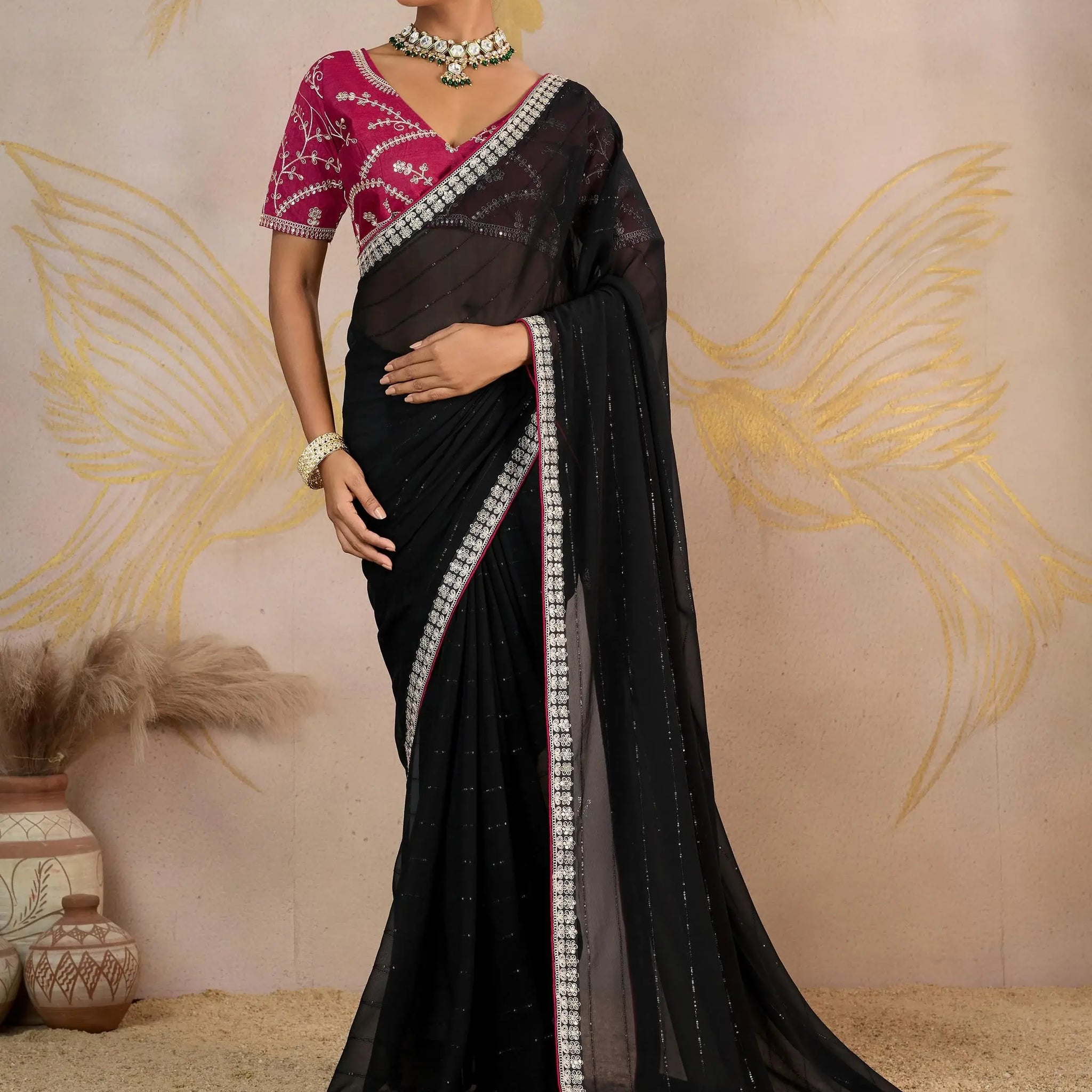 Regal Black Border Work Georgette Evening Wear Saree With Blouse