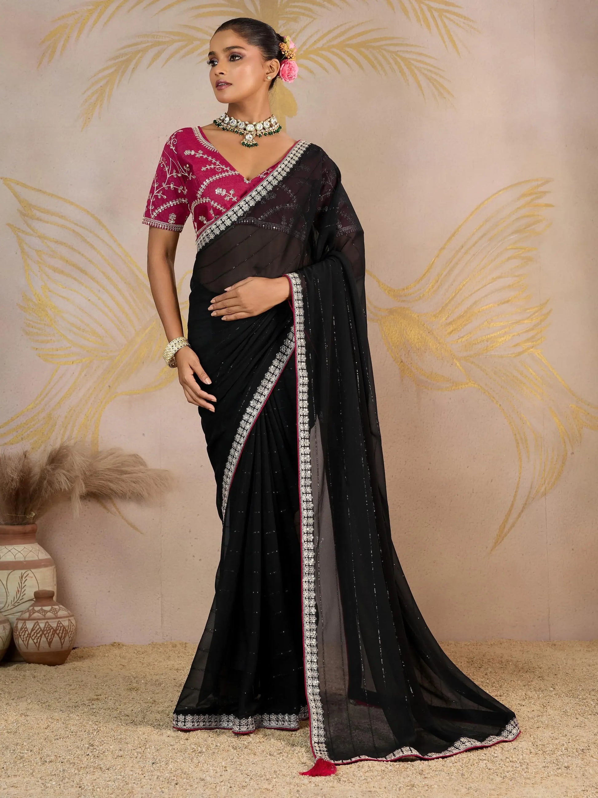 Regal Black Border Work Georgette Evening Wear Saree With Blouse