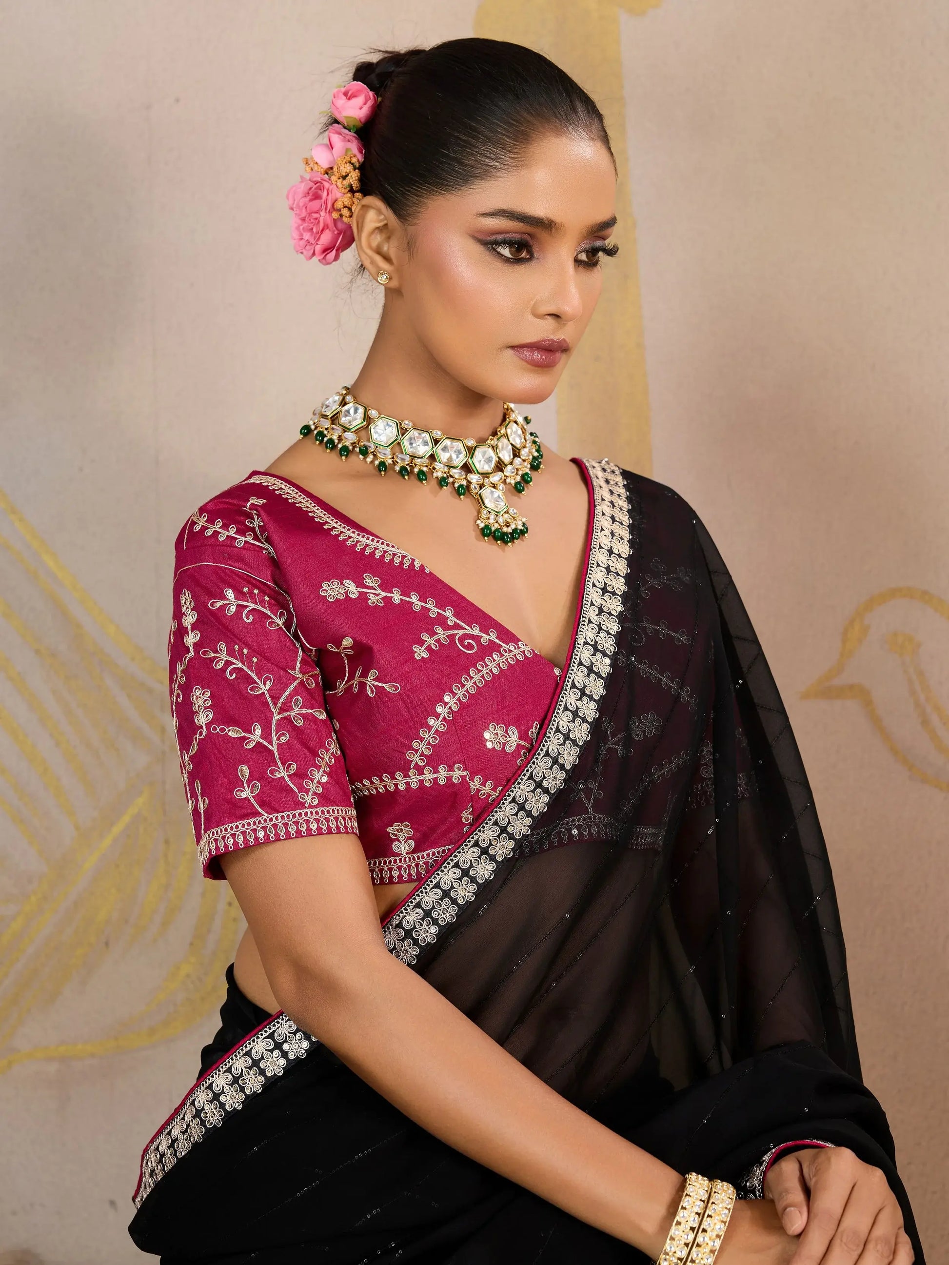 Regal Black Border Work Georgette Evening Wear Saree With Blouse