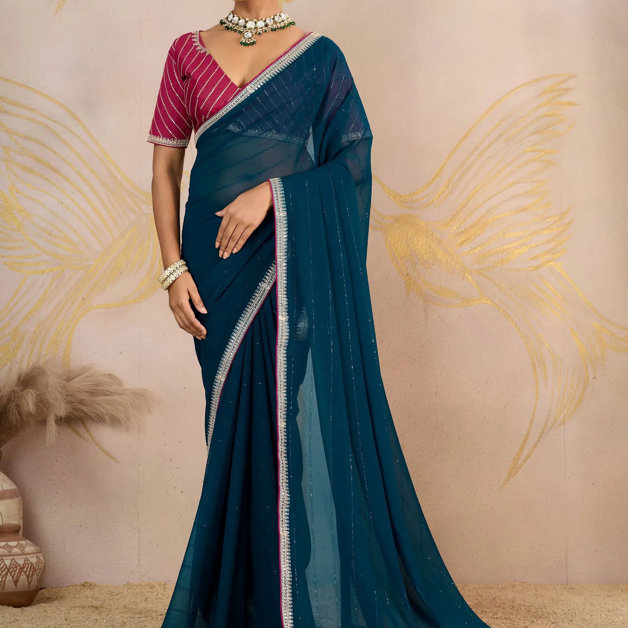 Classy Teal Blue Sequins Border Work Georgette Designer Saree With Blouse