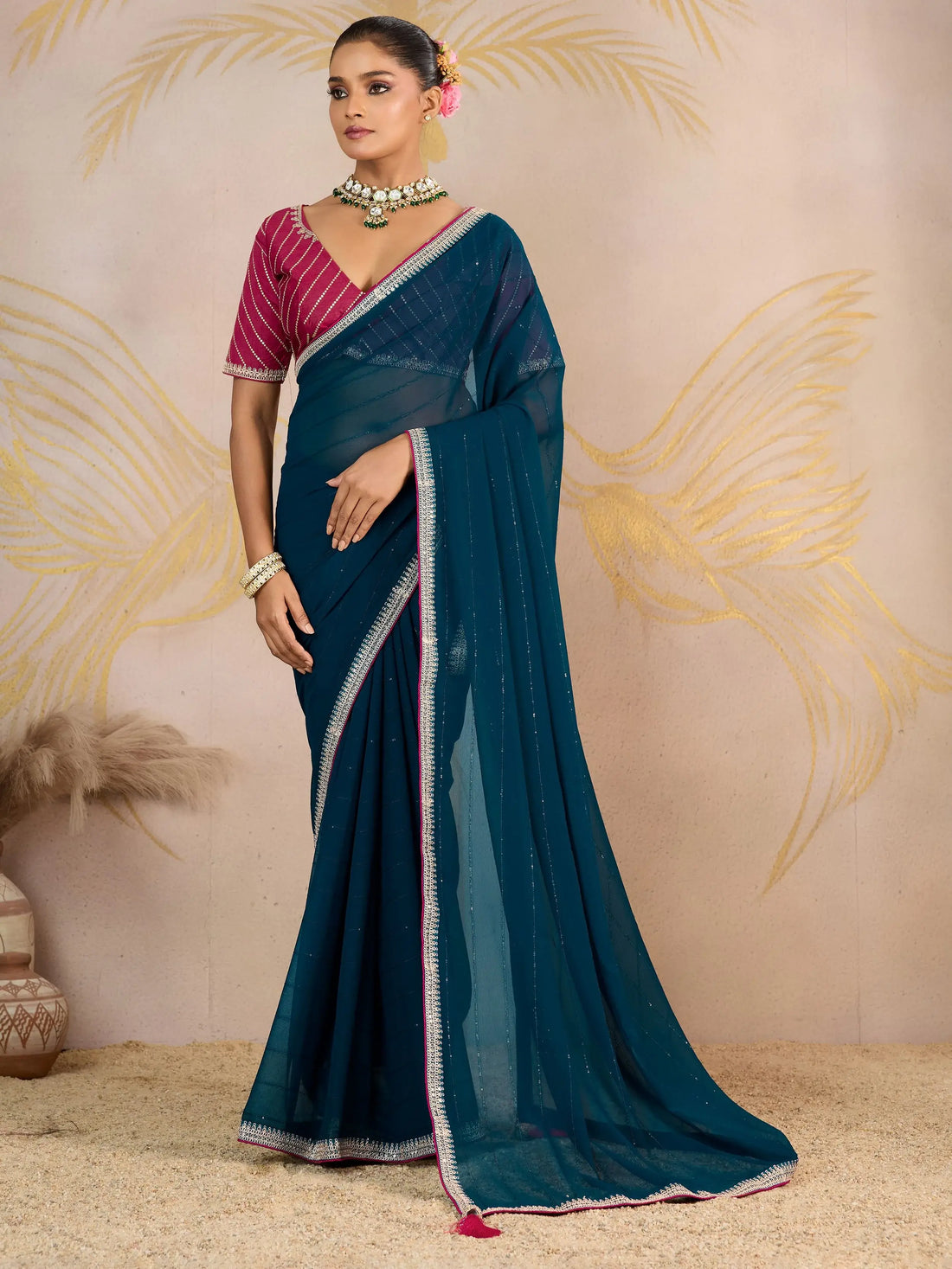Classy Teal Blue Sequins Border Work Georgette Designer Saree With Blouse