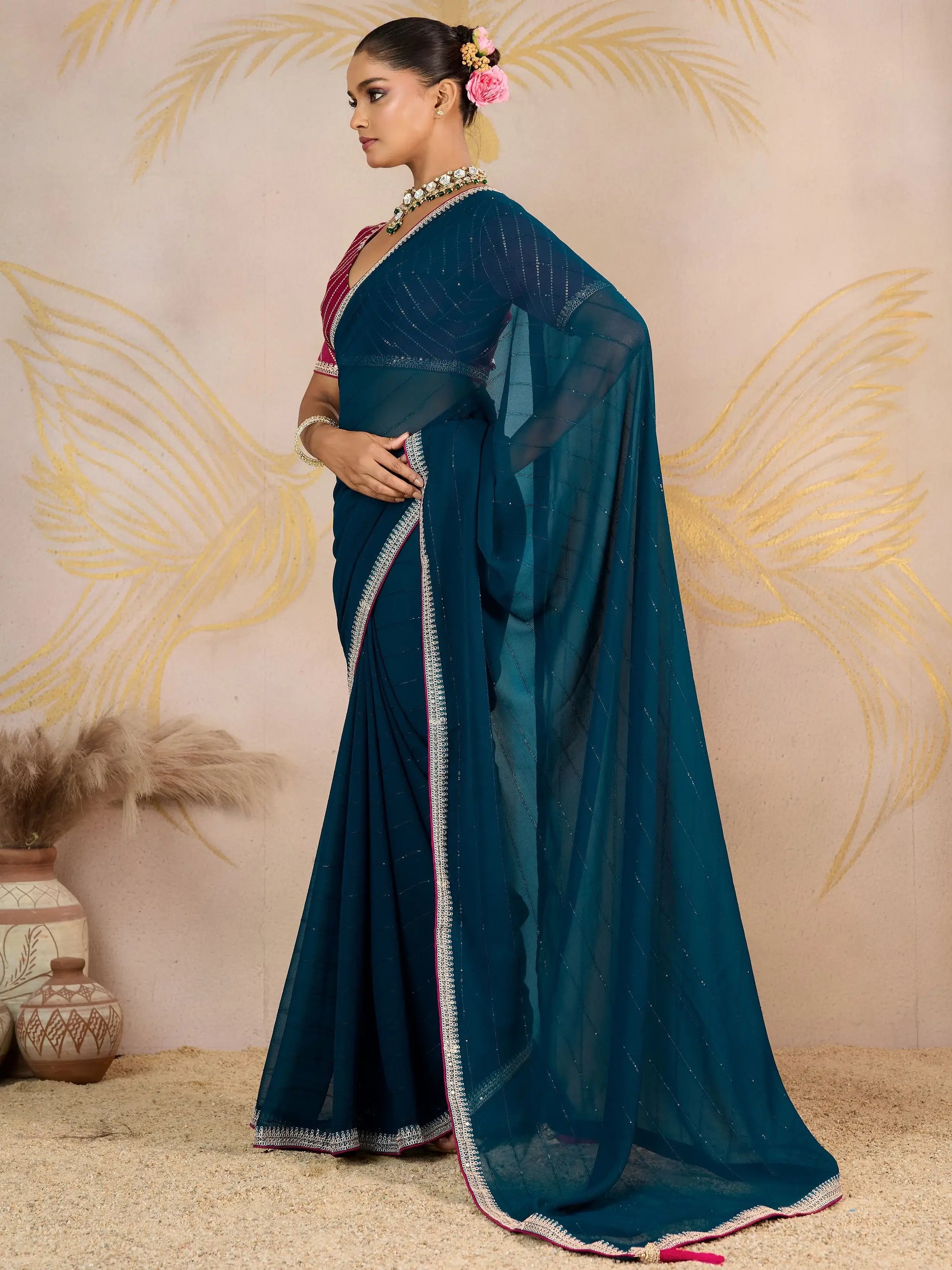 Classy Teal Blue Sequins Border Work Georgette Designer Saree With Blouse