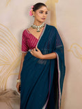 Classy Teal Blue Sequins Border Work Georgette Designer Saree With Blouse
