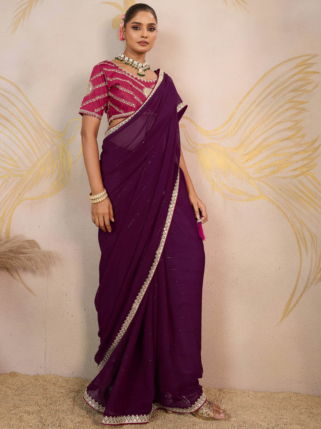 Elegant Purple Embroidered Georgette Function Wear Saree With Blouse