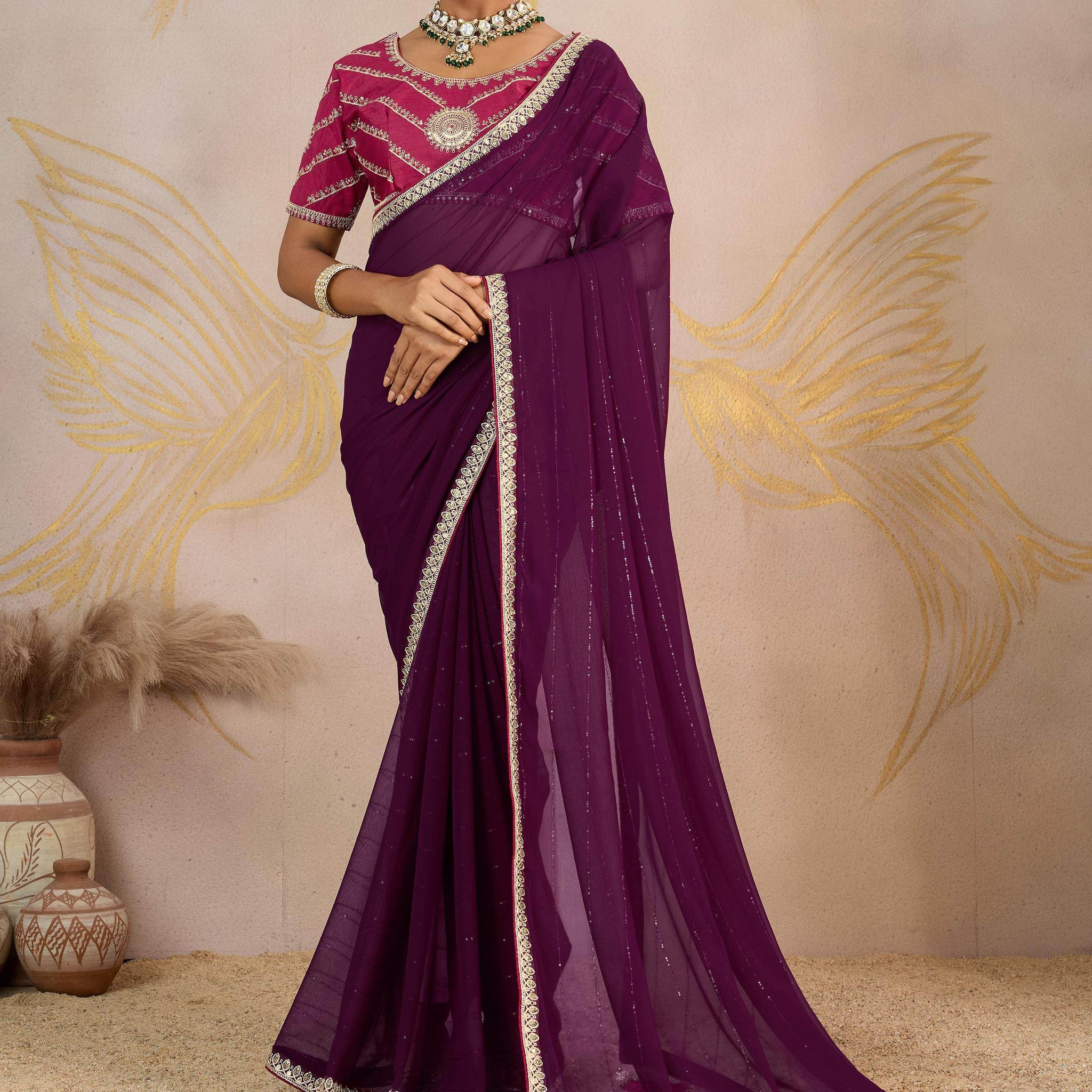 Elegant Purple Embroidered Georgette Function Wear Saree With Blouse
