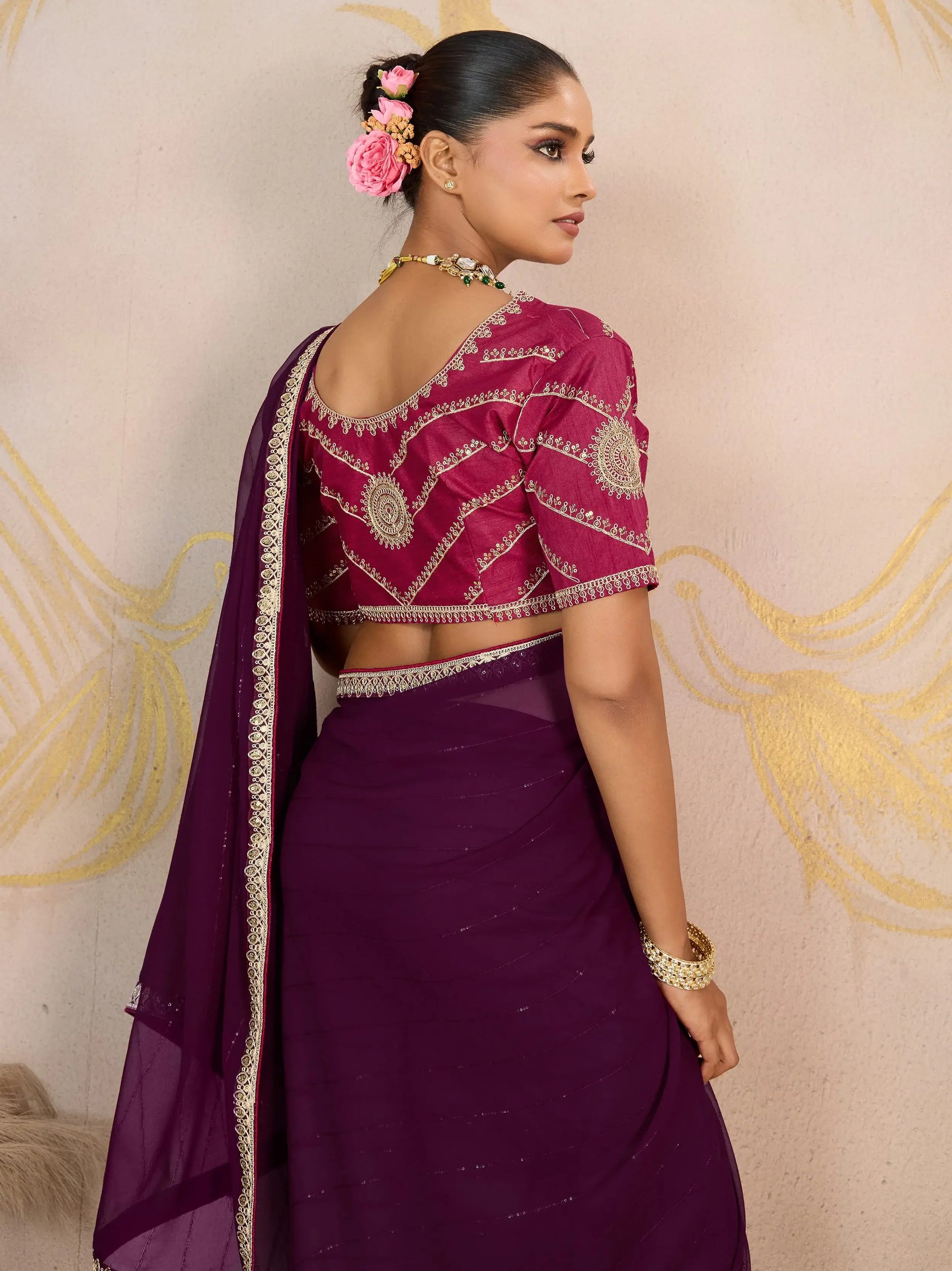 Elegant Purple Embroidered Georgette Function Wear Saree With Blouse
