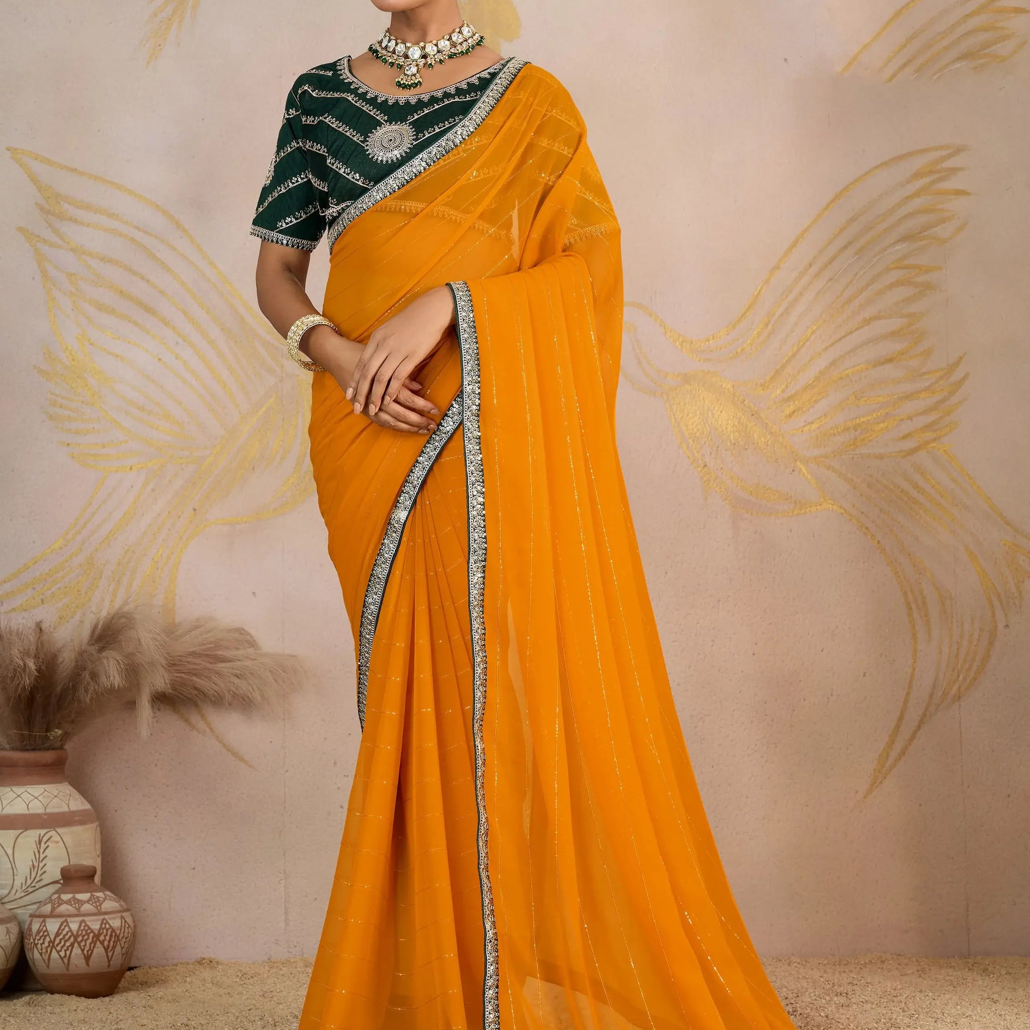 Superior Mustard Yellow Zari Work Georgette Haldi Wear Saree With Blouse