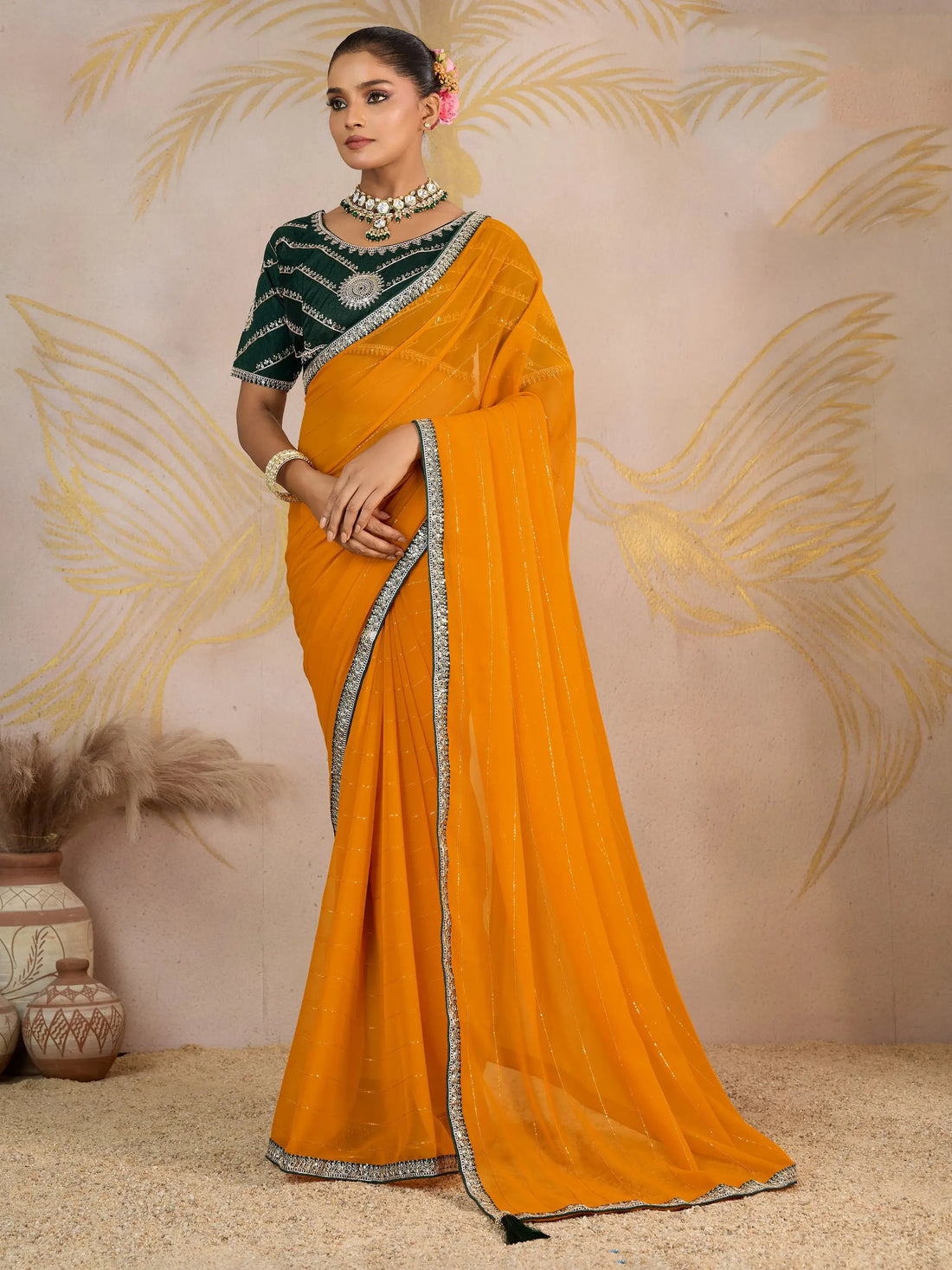 Superior Mustard Yellow Zari Work Georgette Haldi Wear Saree With Blouse