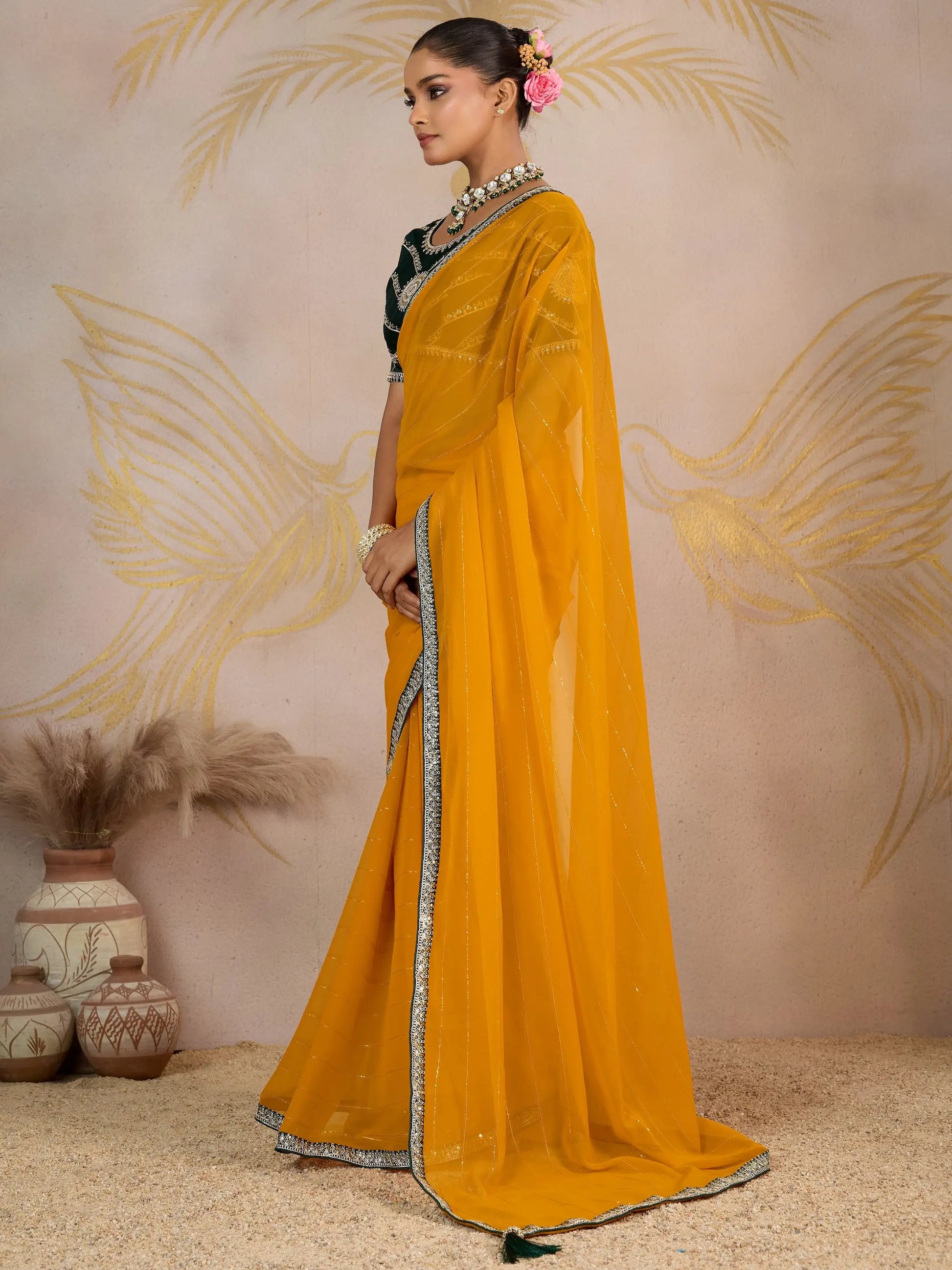 Superior Mustard Yellow Zari Work Georgette Haldi Wear Saree With Blouse