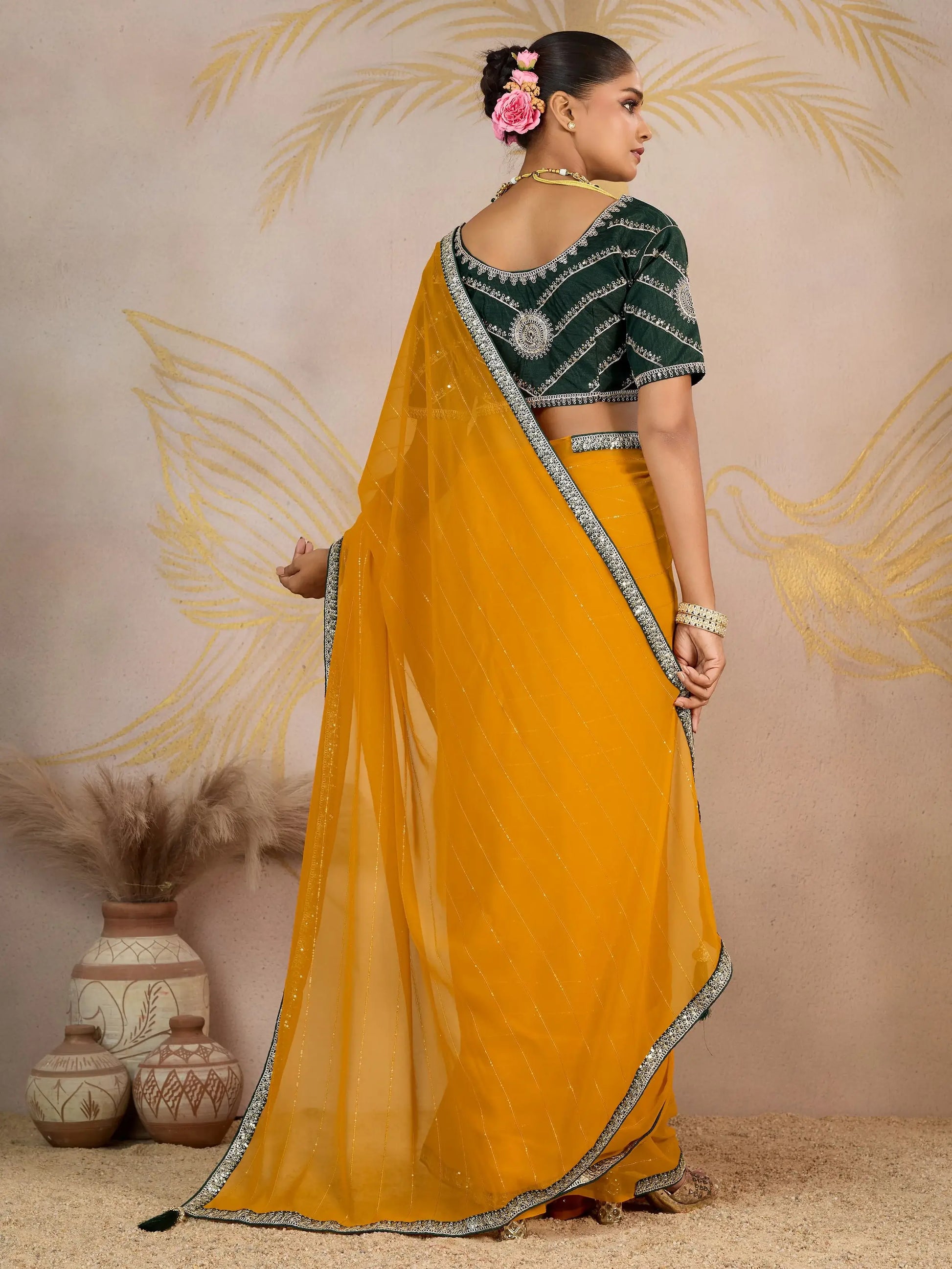 Superior Mustard Yellow Zari Work Georgette Haldi Wear Saree With Blouse