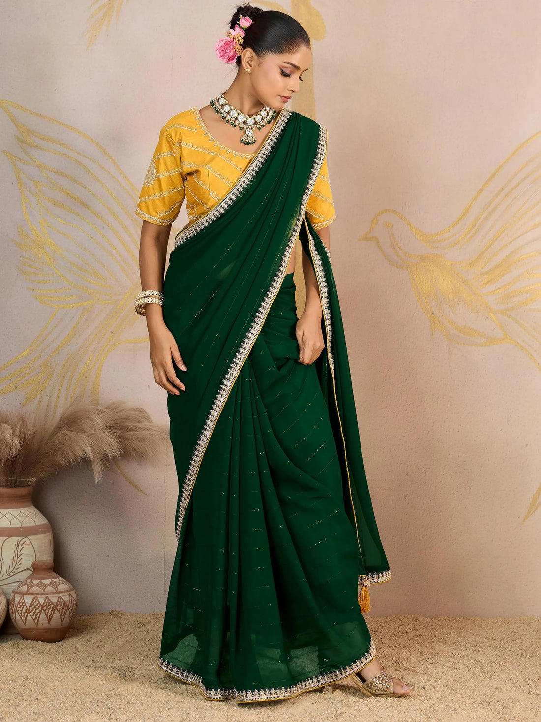 Fantastic Green Sequins Georgette Mehendi Wear Saree With Blouse