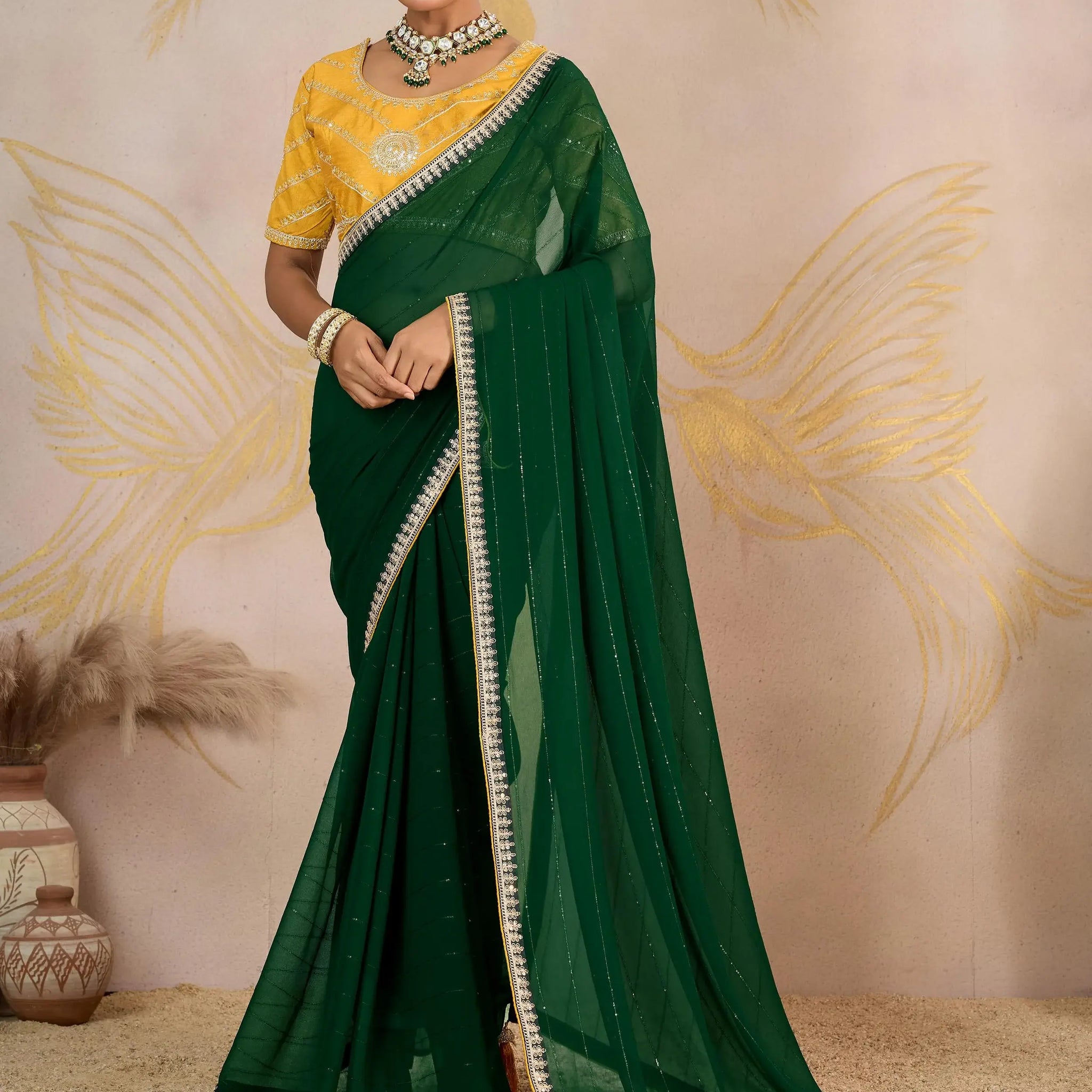 Fantastic Green Sequins Georgette Mehendi Wear Saree With Blouse