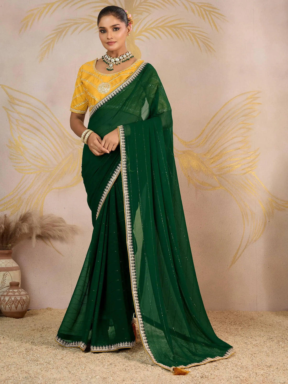 Fantastic Green Sequins Georgette Mehendi Wear Saree With Blouse