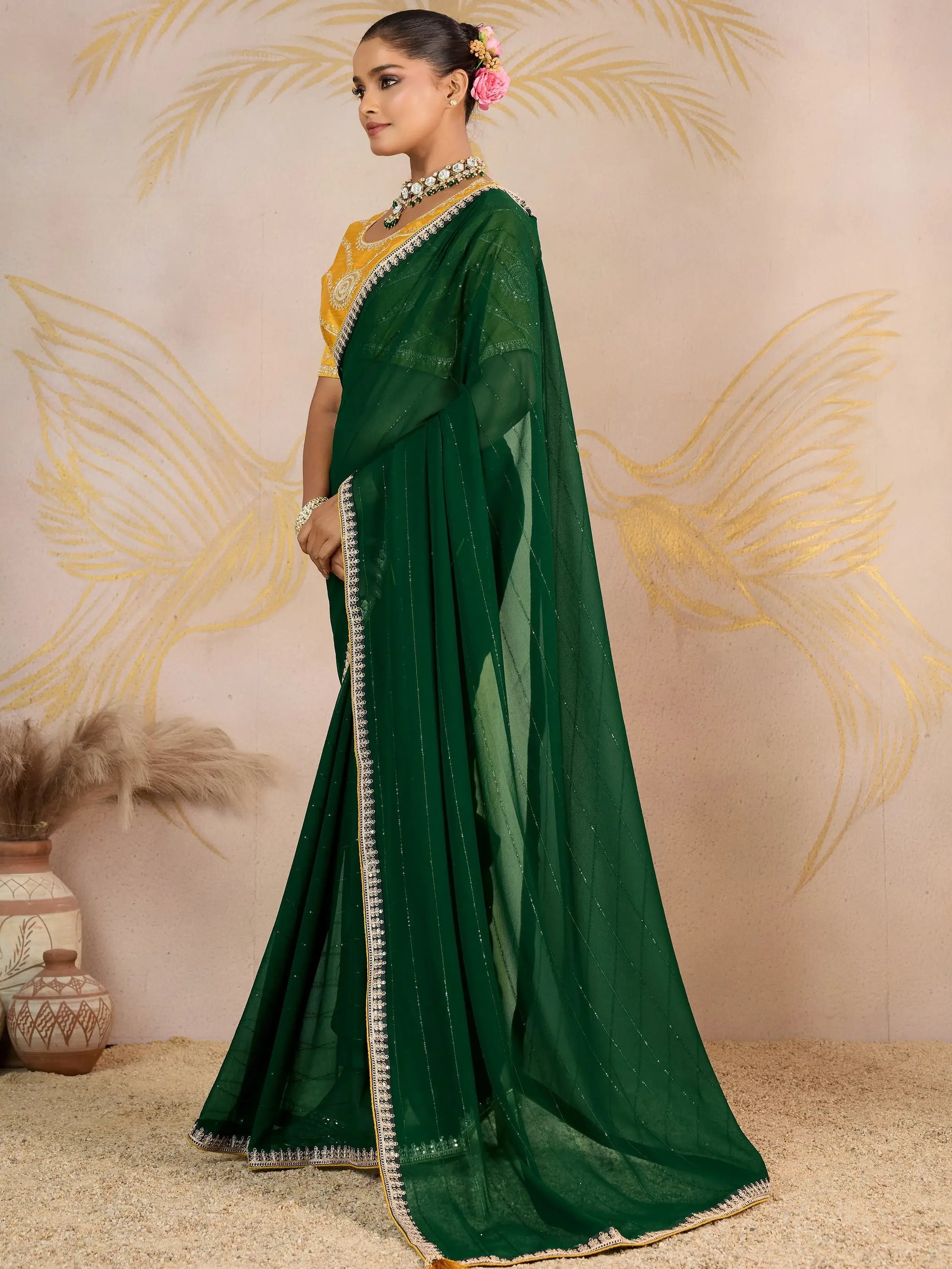 Fantastic Green Sequins Georgette Mehendi Wear Saree With Blouse