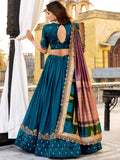 Elegant Teal Blue Sequins Silk Engagement Wear Lehenga Choli With Dupatta