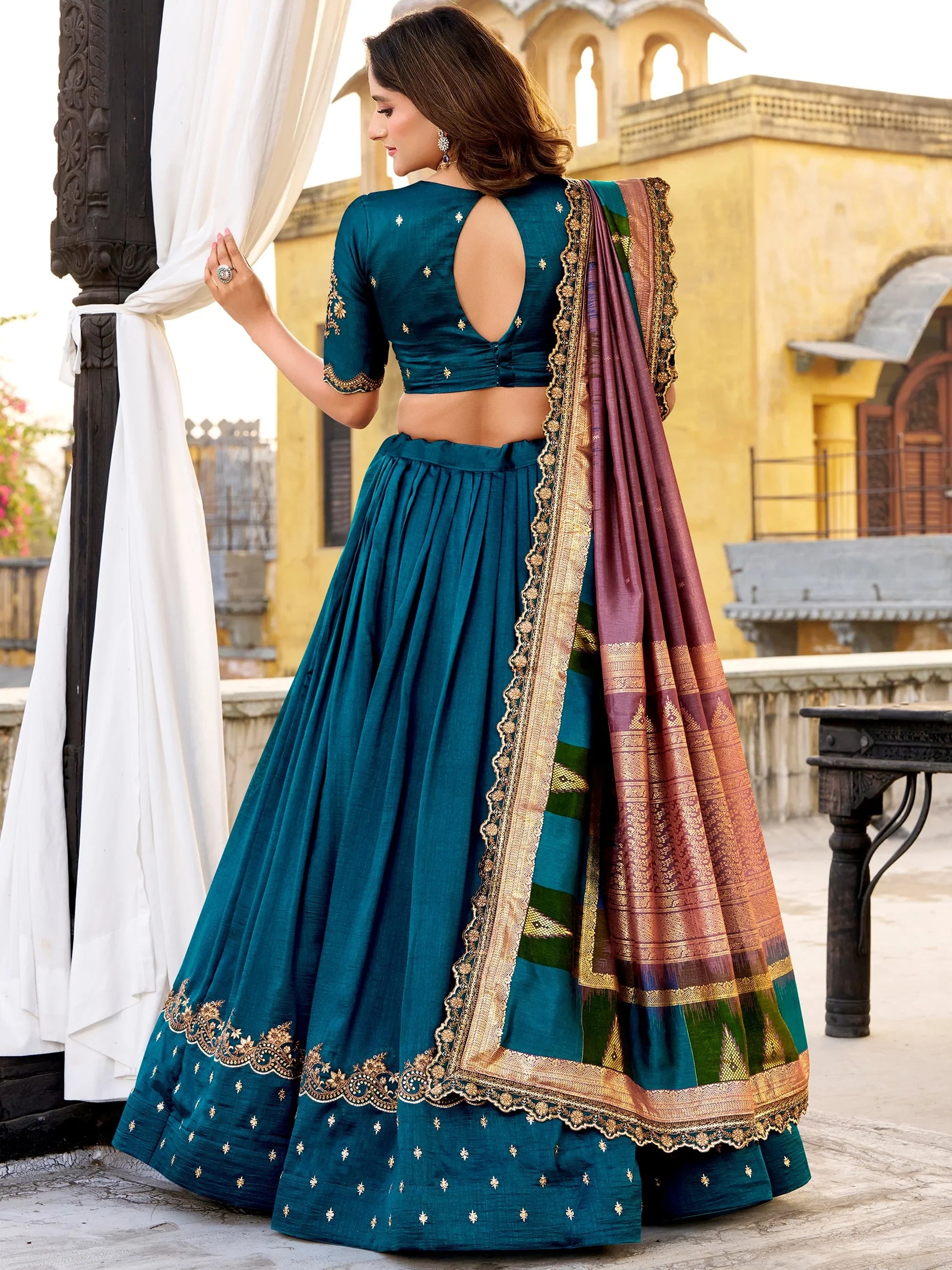 Elegant Teal Blue Sequins Silk Engagement Wear Lehenga Choli With Dupatta