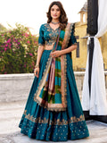 Elegant Teal Blue Sequins Silk Engagement Wear Lehenga Choli With Dupatta