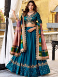 Elegant Teal Blue Sequins Silk Engagement Wear Lehenga Choli With Dupatta
