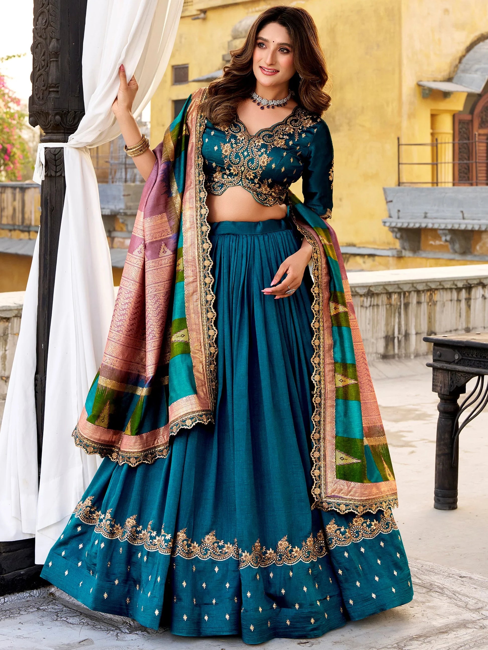 Elegant Teal Blue Sequins Silk Engagement Wear Lehenga Choli With Dupatta