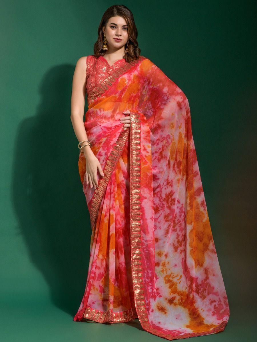 Gorgeous Pink Digital Printed Chiffon Festival Wear Saree With Blouse