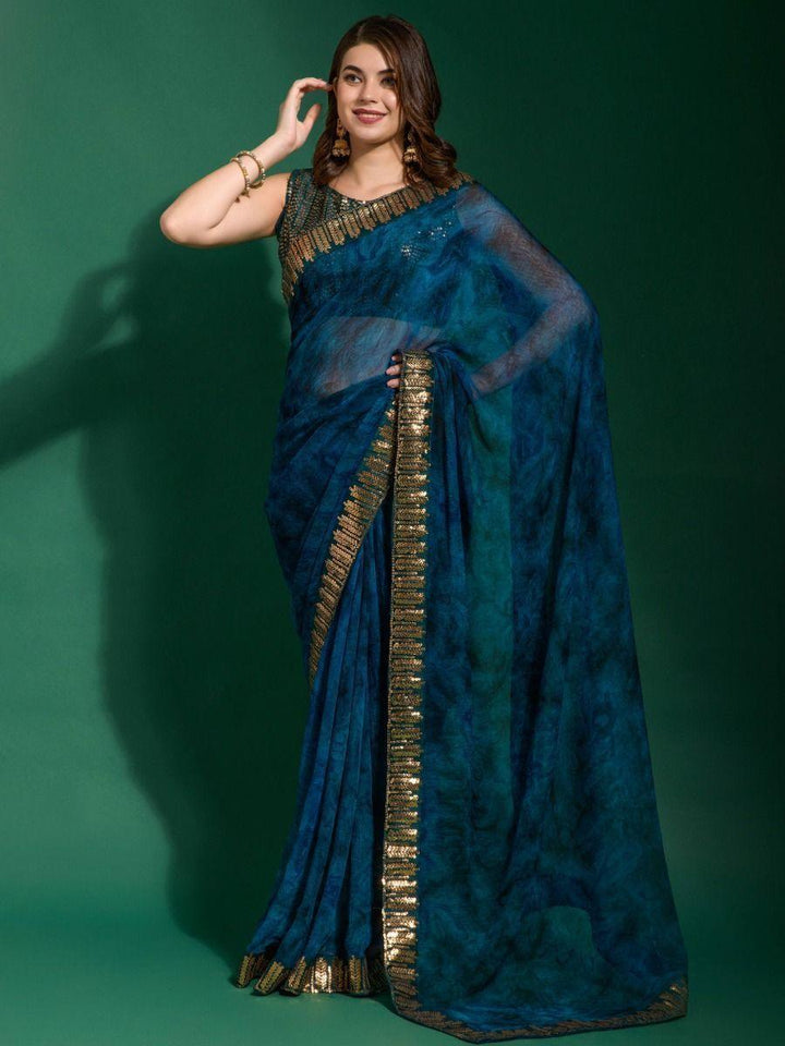 Gorgeous Navy Blue Digital Printed Chiffon Festival Wear Saree