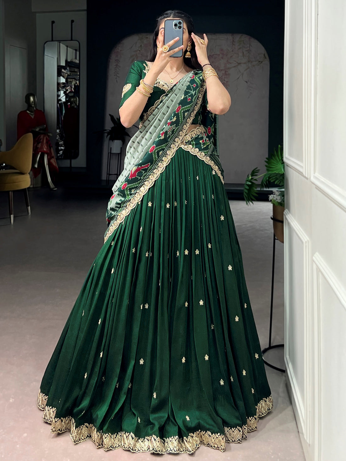 Sparkling Green Embroidered Silk Festive Wear Lehenga Choli
