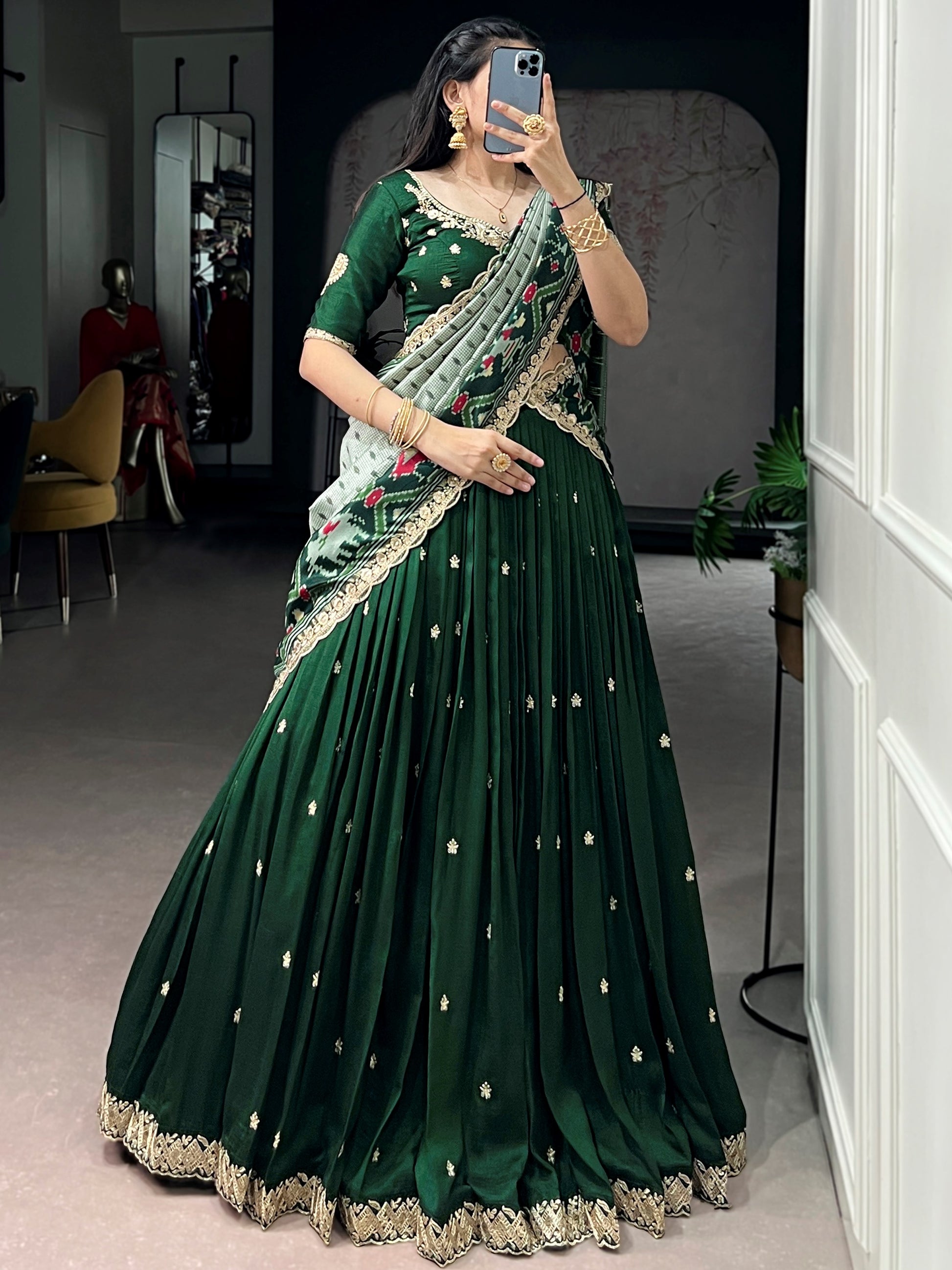 Sparkling Green Embroidered Silk Festive Wear Lehenga Choli