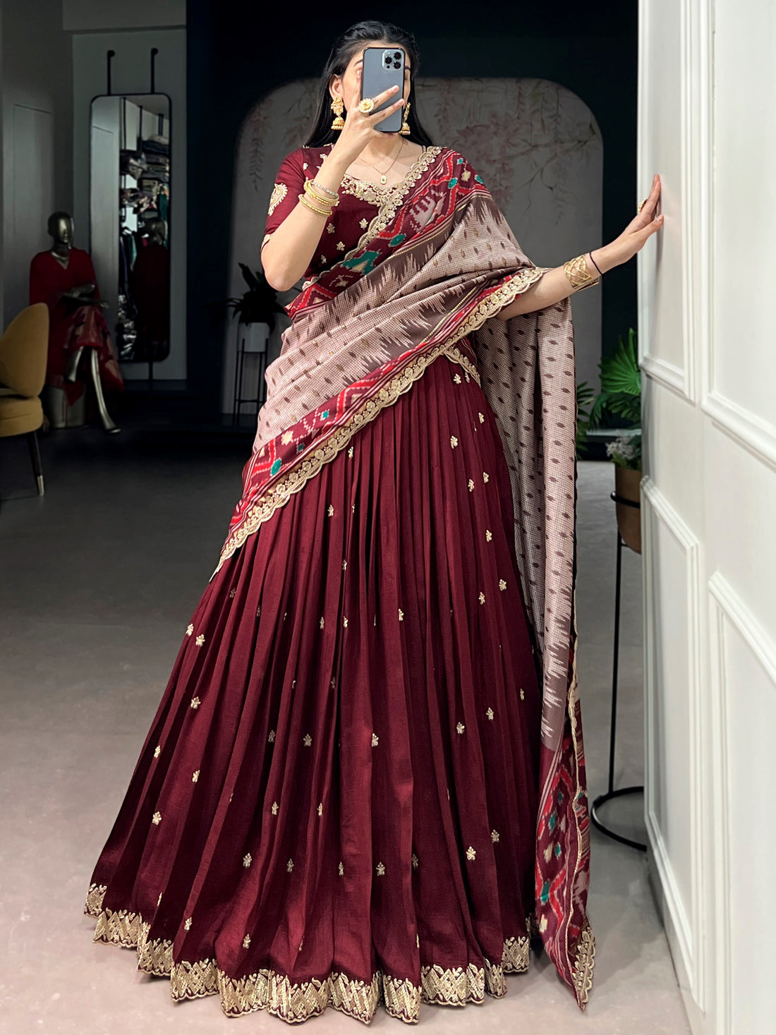Charming Maroon Embroidered Silk Festive Wear Lehenga Choli