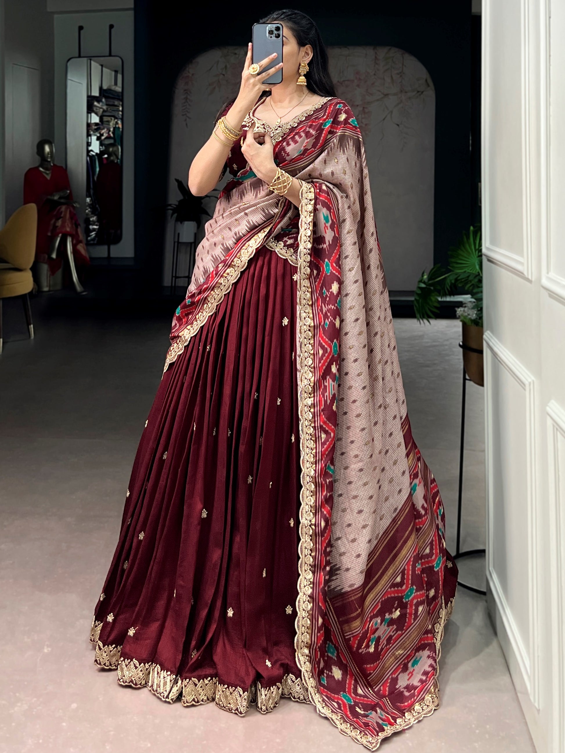 Charming Maroon Embroidered Silk Festive Wear Lehenga Choli