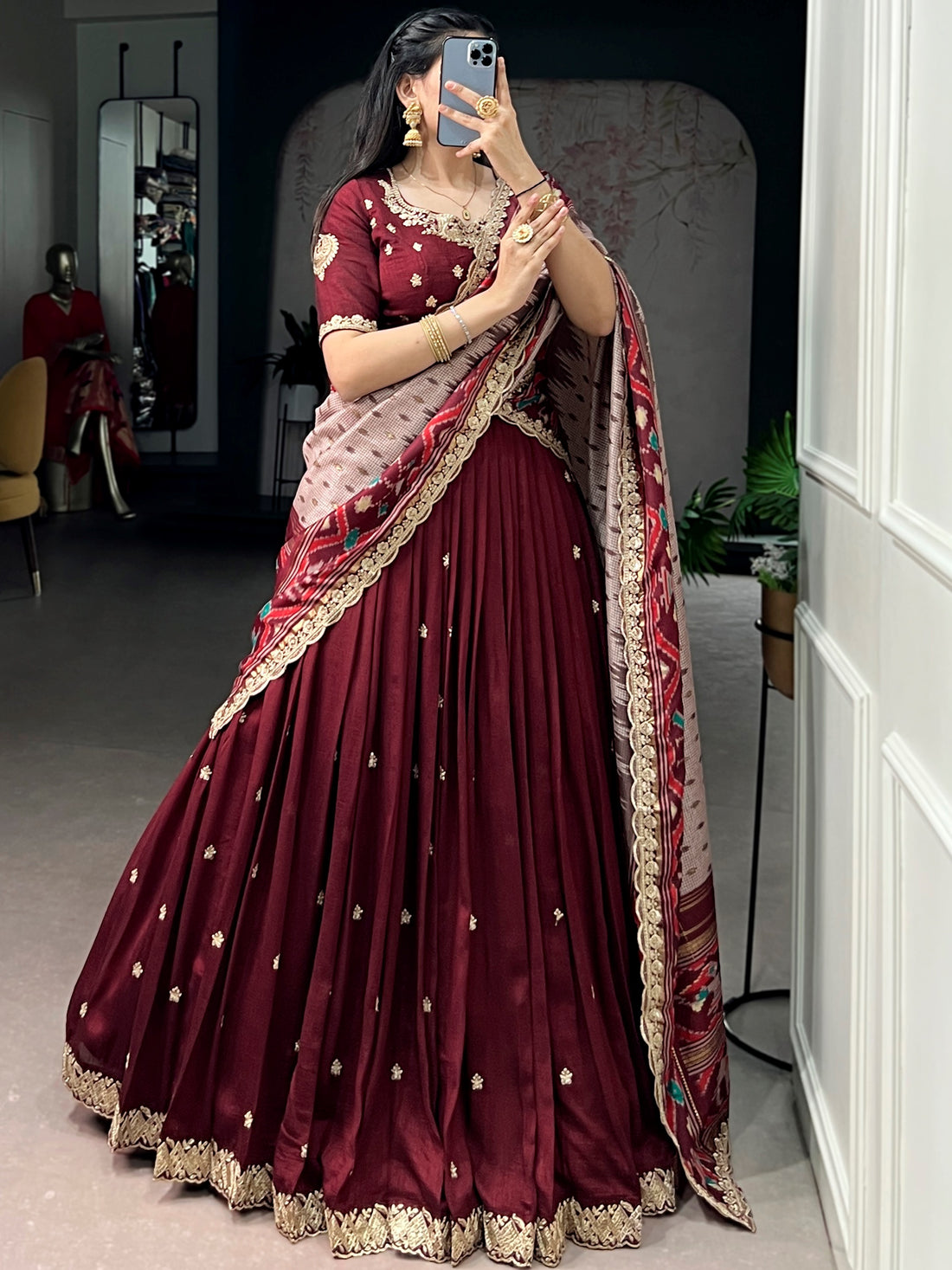 Charming Maroon Embroidered Silk Festive Wear Lehenga Choli