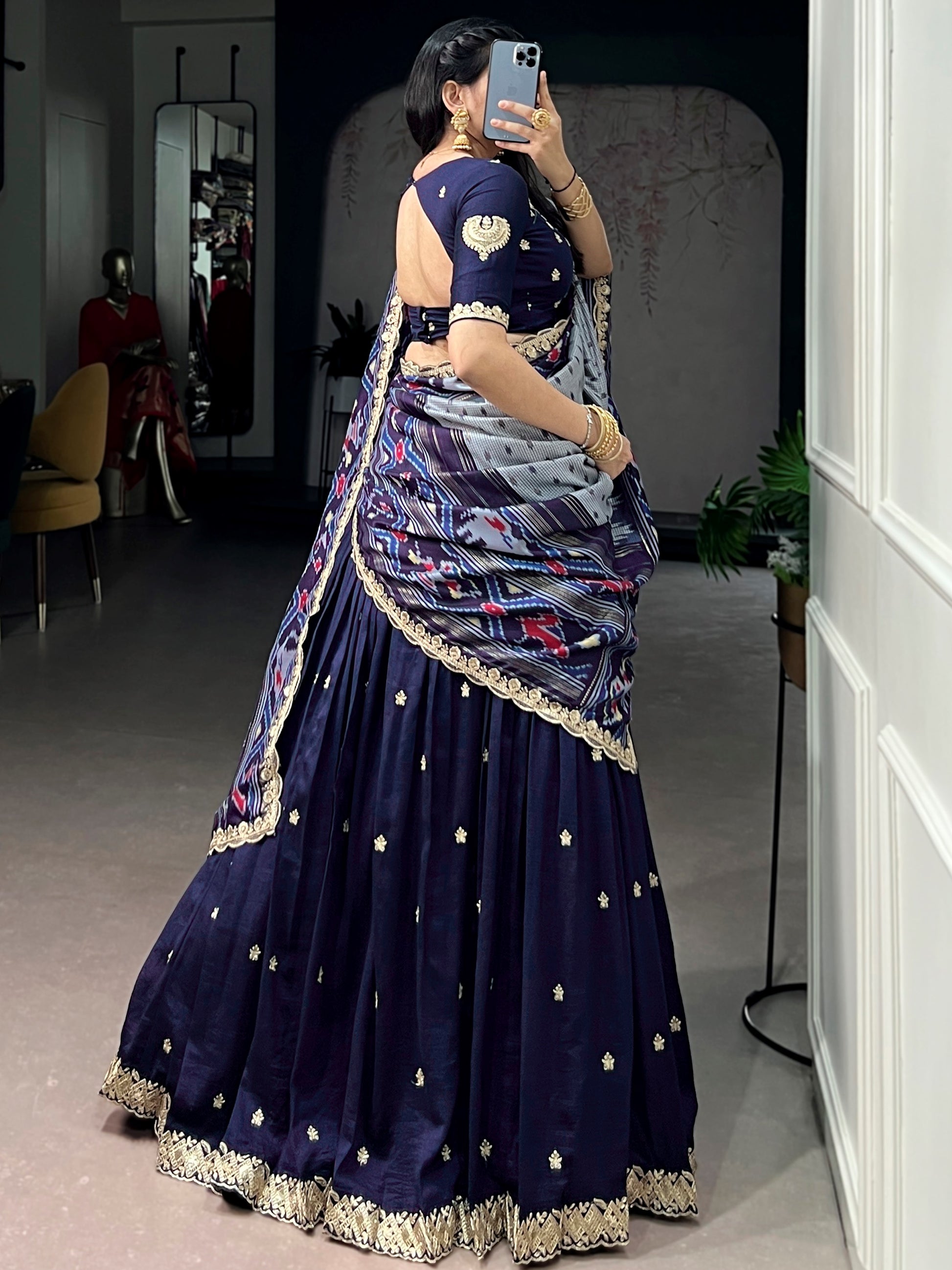 Captivating Navy Blue Threadwork Silk Function Wear Lehenga Choli